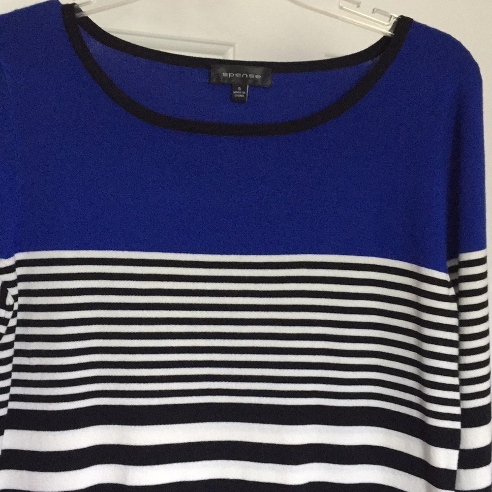 Spense Knit Top Women Size S Blue Black White Stripes Business Timeless Classic - Picture 2 of 11